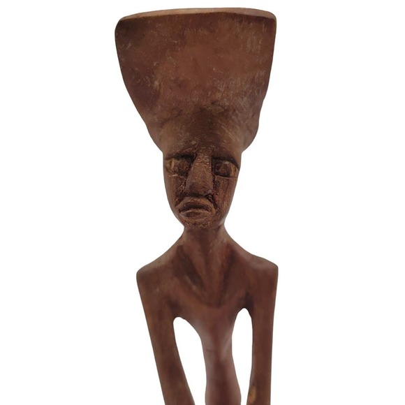 2 African Tribal Art Hand Carved Wood Figures Woman Pot on Head Man w/ Drum 12" - Picture 6 of 10